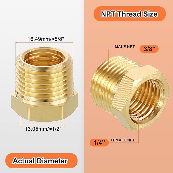 3 Pack Male to FeMale Adapters, 3/8" Male NPT x 1/4" FeMale NPT Brass Hex - Image 2