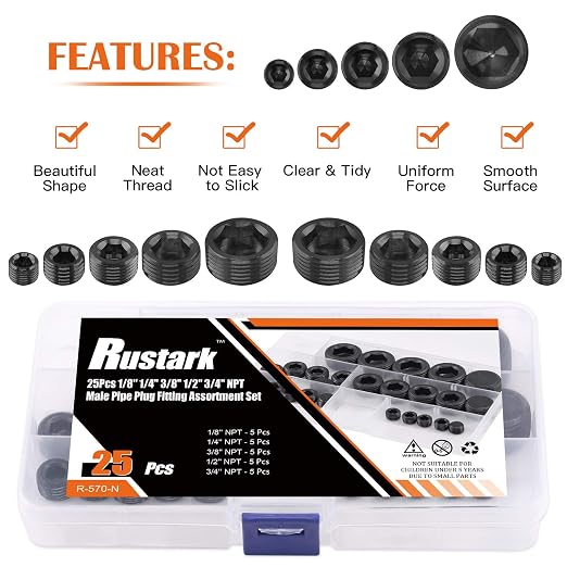 25 Pcs Carbon Steel Pipe Plugs Assortment Set - Image 5