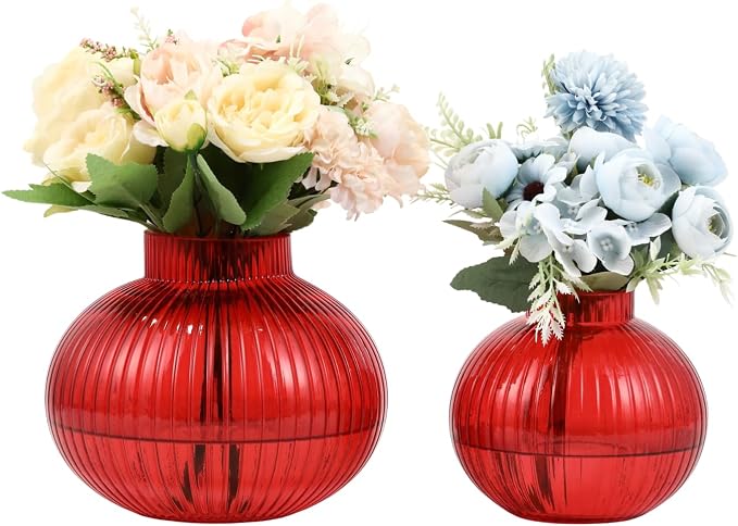 Red Glass Vases for Tulips, Flower Vases for Bouquet, Ribbed Glass Vase for by YANWE