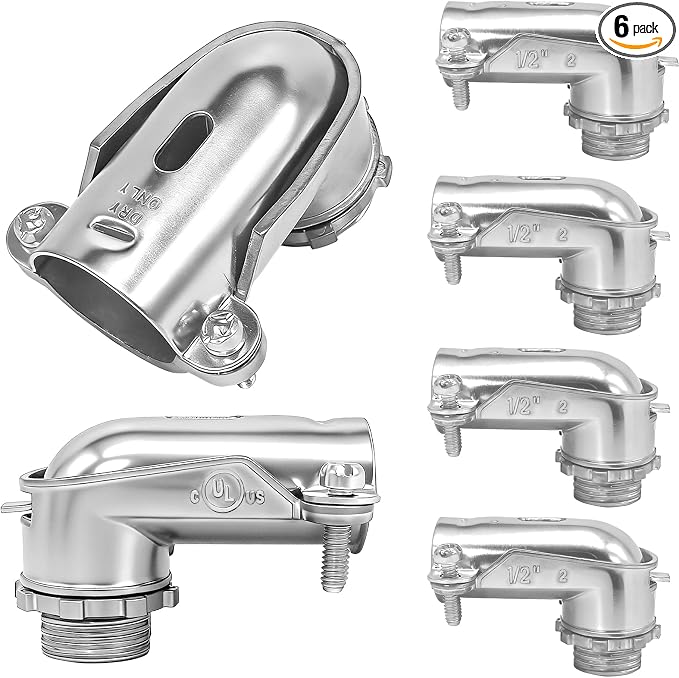 6 Pcs 90° Squeeze Connectors, Zinc Die Cast, 1/2 Inch Flexible Metal Conduit by Tewloss