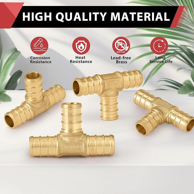 200PC EFIELD Barb Pex 3/4" x 3/4" x 1/2" Reducing Tee Brass Crimp Fittings | - Image 6
