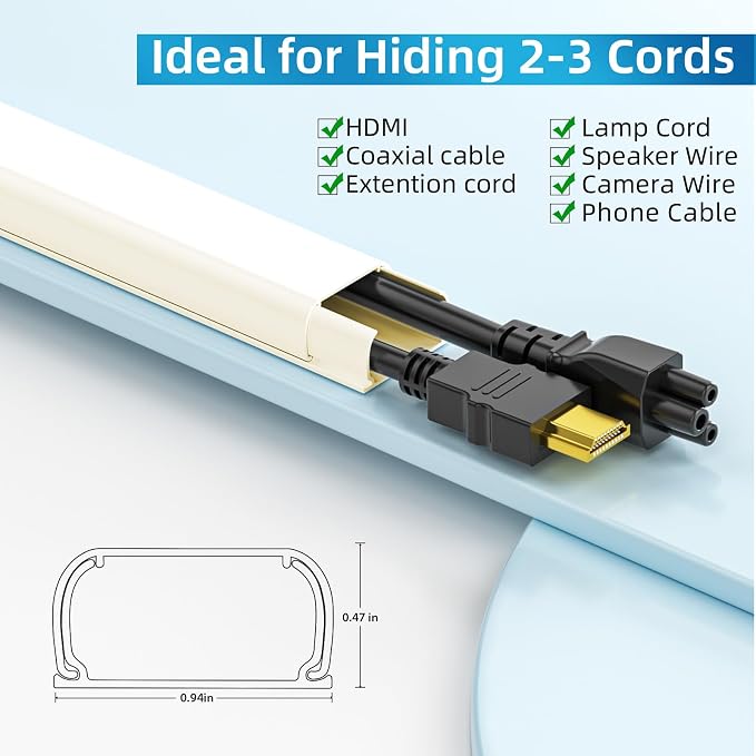 Yecaye 142in Wall Cord Hider for 2-3 Cords, W0.94in H0.47in, On-Wall Cord Cover - Image 2