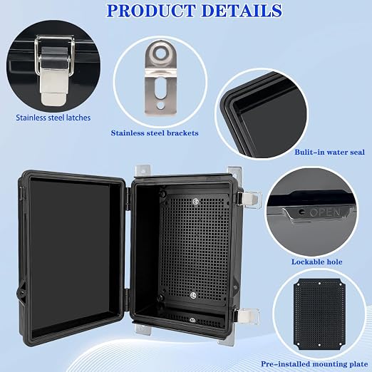 Waterproof Electrical Box, IP67 Junction Box Stainless Steel Latch Hinged Black - Image 3