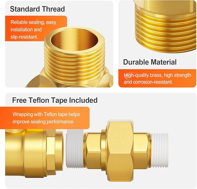 GASHER 5PCS 3/8" MNPT Brass Union Pipe Fitting | 3/8 Inch Male x 3/8 Inch Male - Image 4
