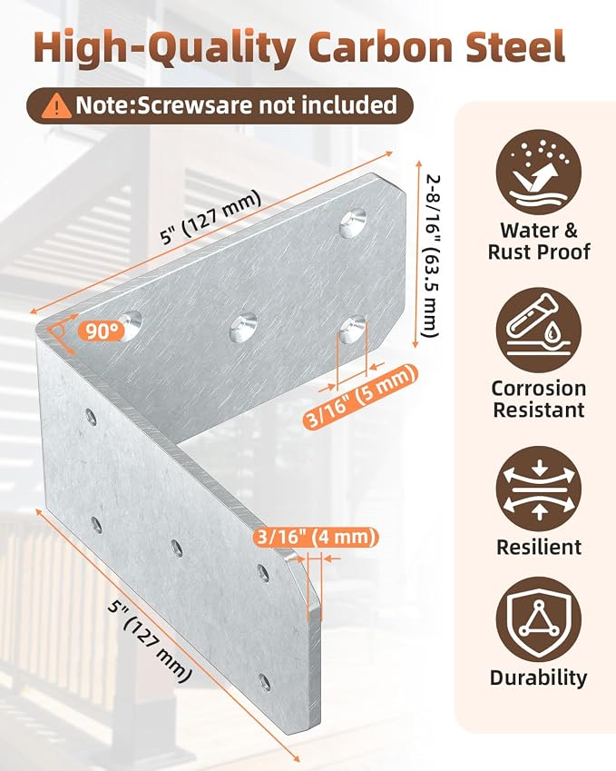 Heavy Duty L Brackets, 5x5 Inch, 300 LBS, Galvanized, 8 Pack | Carbon Steel - Image 2