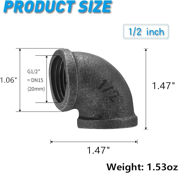 1/2" Pipe Fitting Elbow, DN15 Threaded Cast Malleable Iron - Image 2
