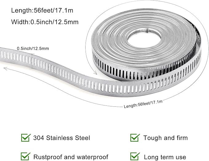 Hose Clamps, DIY 56 FT Metal Strap + 24 Fasteners, Hose Clamps Stainless Steel - Image 4
