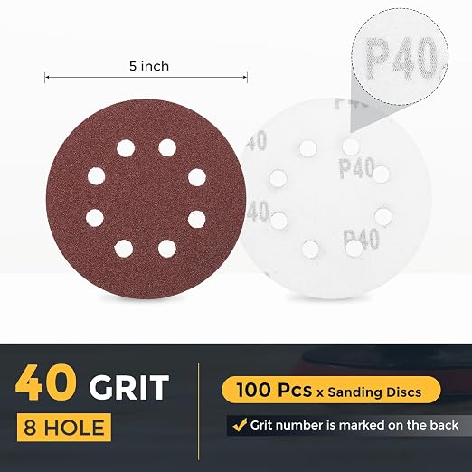 HARFINGTON 100 Pcs 5 Inch Sanding Discs 40 Grit Red Aluminum Oxide 8 Hole | - Image 2