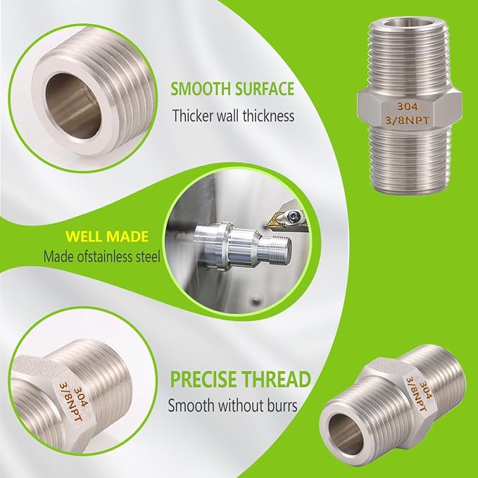 2PCS Hex Nipple 3/8" x 3/8" Male Pipe Fittings, 304 Stainless Steel 3/8 inch - Image 4