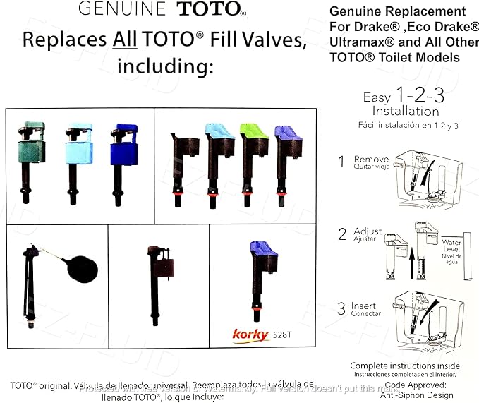 Genuine TOTO USA Made Korky 528GT Blue Universal Toilet Fill Valve Replacement - Image 2