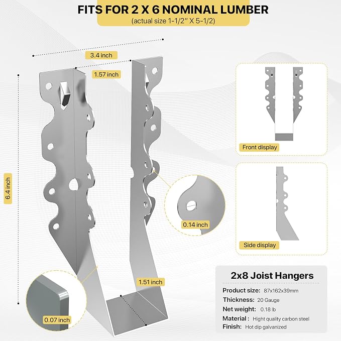 25 pcs 2x8 Joist Hanger, LU28 18 Gauge Double Shear Face Mount Joist Hanger - Image 2