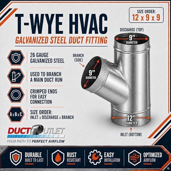 12" x 9" x 9" T-Wye HVAC Duct Fitting, 26 Gauge Galvanized Steel Round Duct - Image 2