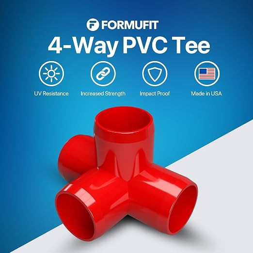1” 4-Way Tee Furniture Grade PVC Fitting in Red, Made in USA, UV-Resistant - Image 2