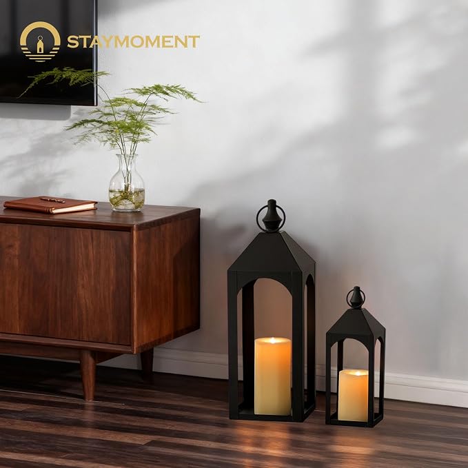 17" & 11" Black Metal Outdoor Floor Lantern, Front Porch Decor | Set of 2 - Image 2