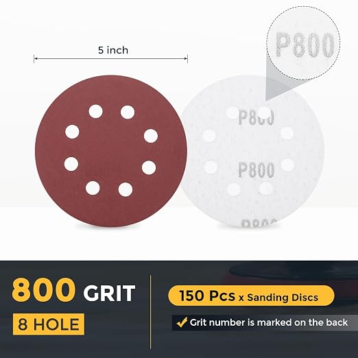 HARFINGTON 150 Pcs 5 Inch Sanding Discs 800 Grit Red Aluminum Oxide 8 Hole | - Image 2