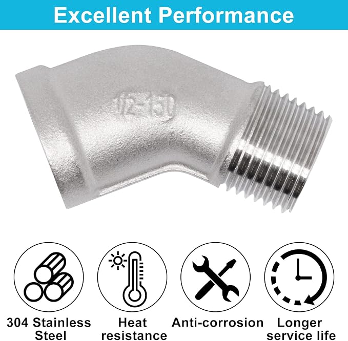 2PCS 45 Degree Elbow Fittings, 1/2" NPT Male Pipe to 1/2" NPT Female 304 - Image 3