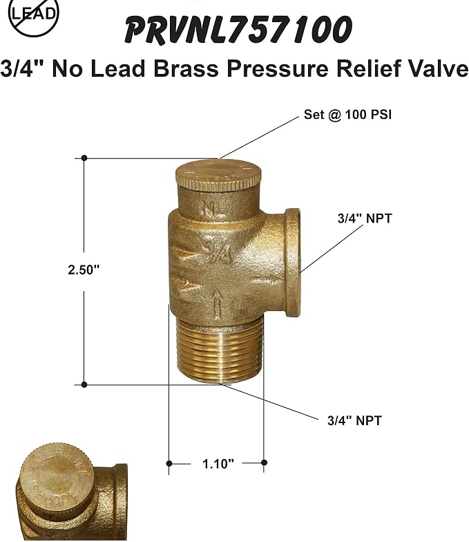 MFG 3/4" Lead-Free Brass Pressure Relief Valve – 100 PSI Water System Safety - Image 6