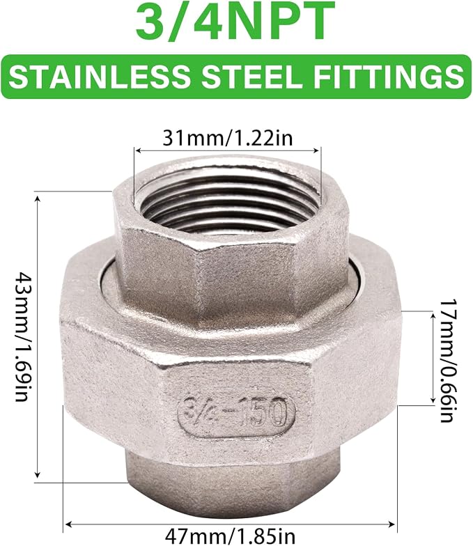 304 Stainless Steel Pipe Fittings Union 3/4" NPT Female to Female 2pcs - Image 2