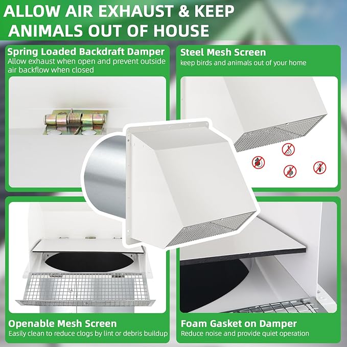 6 Inch Hooded Wall Vent with Screen and Damper, Dryer Vent Cover Outside - Image 4