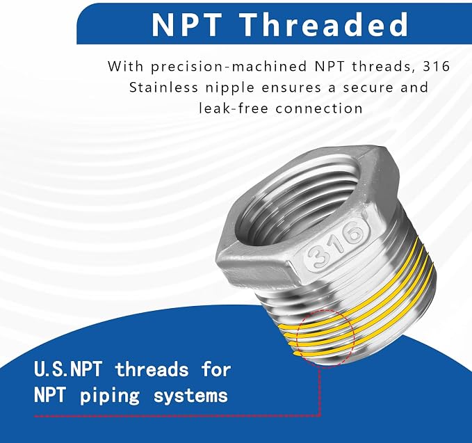 316 Stainless Steel Hex Bushing Reducer, 3/4" NPT Male to 1/4" NPT Female Pipe - Image 4