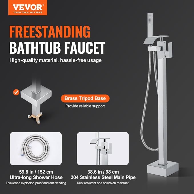 VEVOR Freestanding Bathtub Faucet, Floor Mount, Freestanding Tub Filler - Image 2