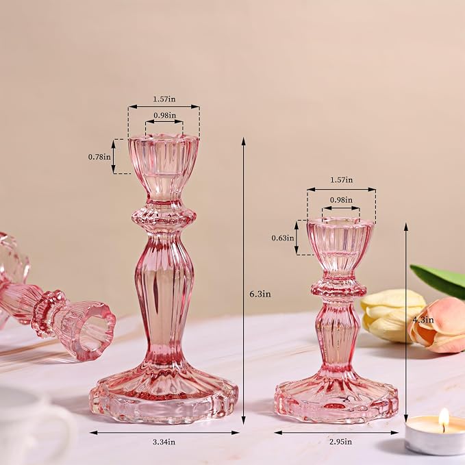 Pink Candlestick Holders Set of 6, Glass Taper Candle Holders | 4.3"H & 6.3"H - Image 4