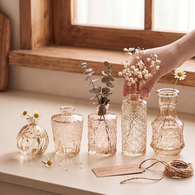 Clear Amber Gold Glass Bud Vase Set of 14 Pcs, Small Bud Vases in Bulk - Image 2