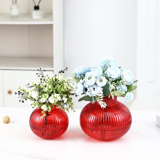 Red Glass Vases for Tulips, Flower Vases for Bouquet, Ribbed Glass Vase for - Image 3