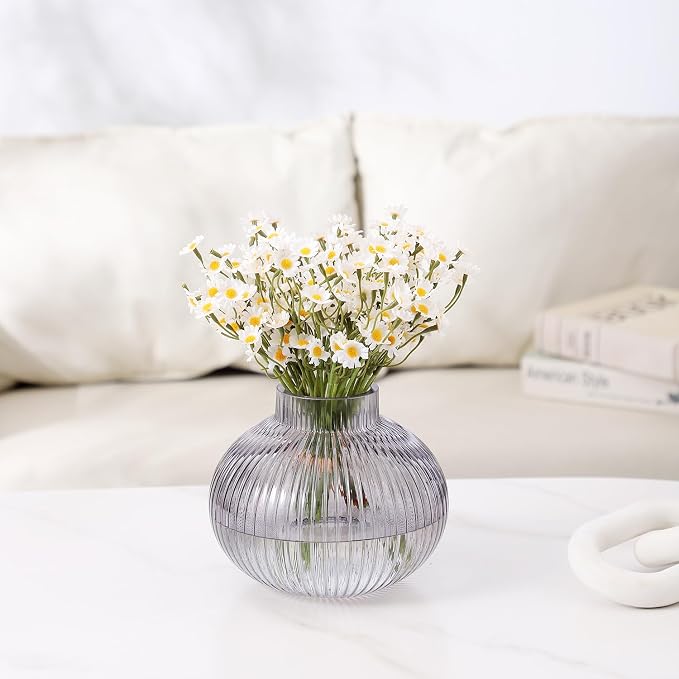 Black Glass Vase for Tulips, Ribbed Glass Vase for Flowers, Round Flower Vases - Image 3