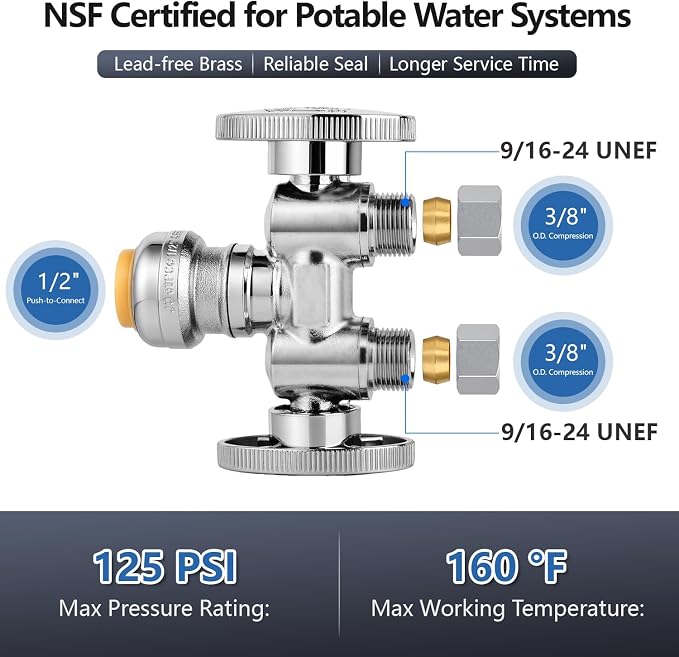WiseWater 1/2" Push Fit x Dual 3/8" OD Compression Straight Stop Valve | 1/4 - Image 2