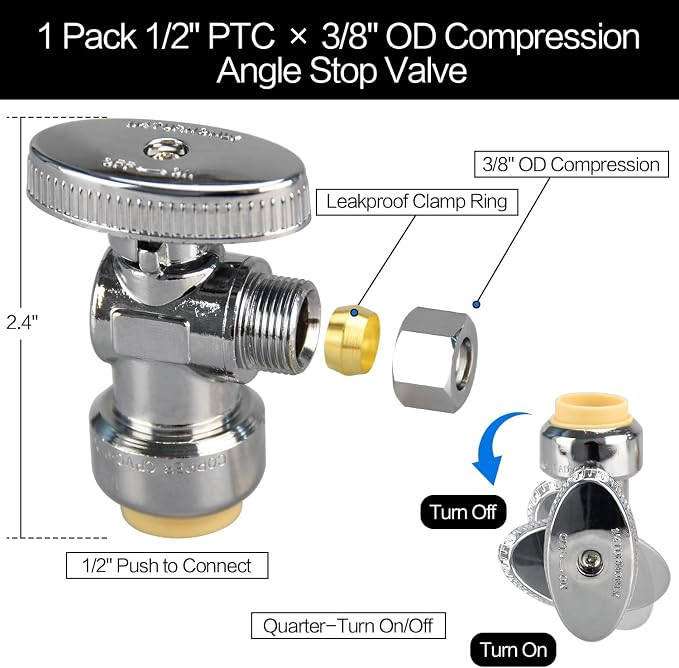 20pcs 1/2" × 3/8" Angle Stop Valve, 1/4 Turn | 1/2" PTC Input, 3/8" OD - Image 2
