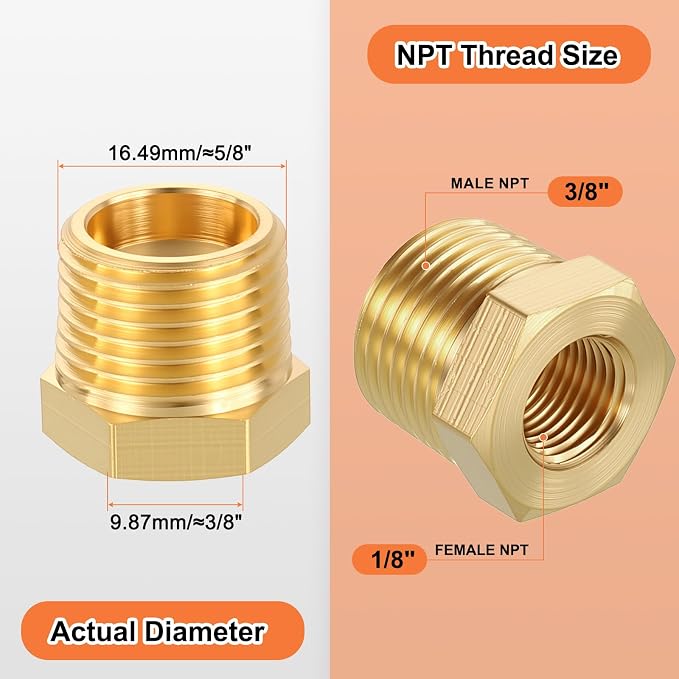6 Pack Male to FeMale Adapters, 3/8" Male NPT x 1/8" FeMale NPT Brass Hex - Image 2