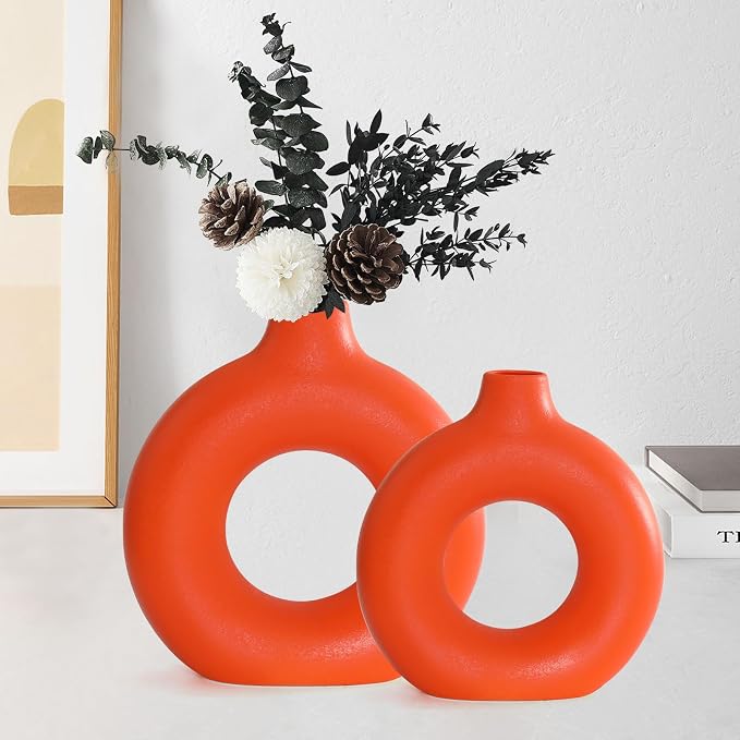 Orange Ceramic Donut Vase Set of 2, Hollow Round Matte Pampas Flower Vases by Hanaomaoyi