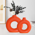 Orange Ceramic Donut Vase Set of 2, Hollow Round Matte Pampas Flower Vases by Hanaomaoyi