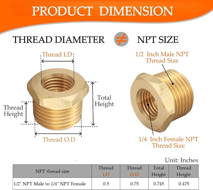Brass NPT Hex Bushing Reducer, 1/2" Male to 1/4" Female Pipe Fitting | 8-pack - Image 2