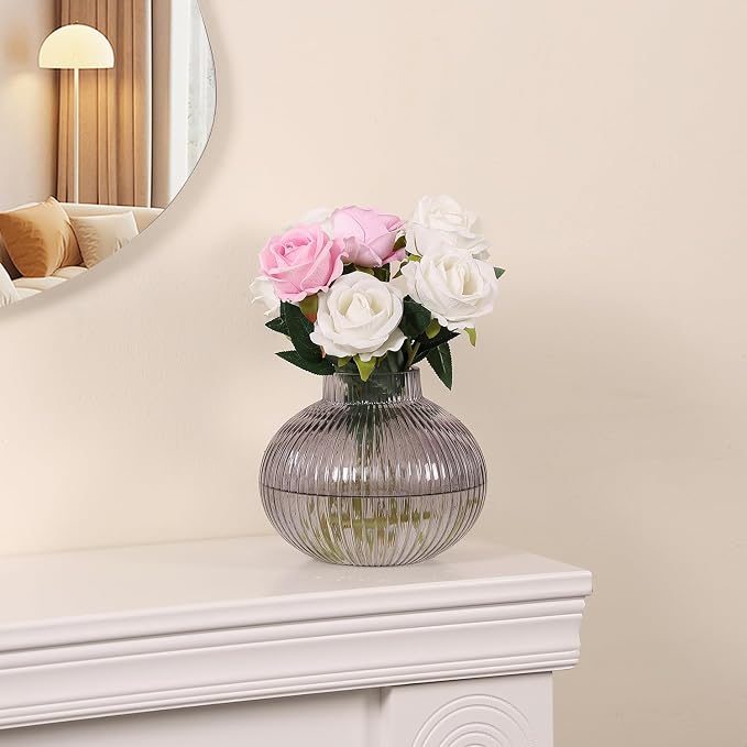 Black Glass Vase for Tulips, Ribbed Glass Vase for Flowers, Round Flower Vases - Image 5