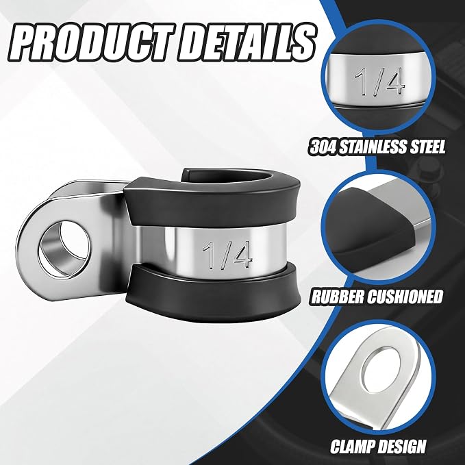 50 Pcs 1/4 InchStainless Steel Metal Clamps Rubber Cushioned Insulated Clamp - Image 3