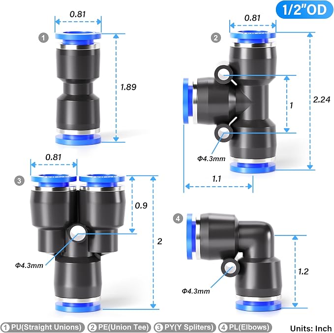 TAILONZ PNEUMATIC 1/2 Inch od Push to Connect Fittings Pneumatic Fittings kit 5 - Image 2