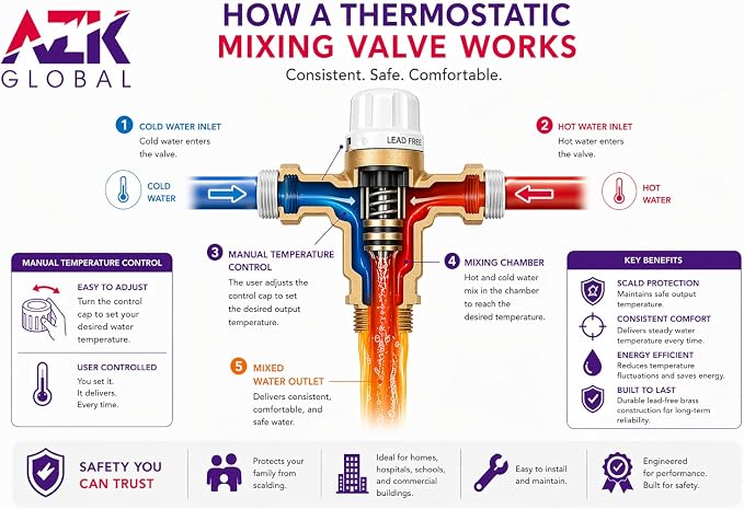 3/4" FNPT Type Thermostatic Mixing Valve, Cert: ASSE, NSF | TMV, Precise water - Image 4