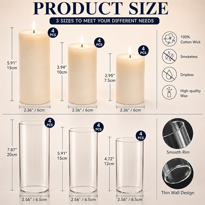 24 PCS Ivory White Pillar Candles and Glass Cylinder Vases Hurricane Glass - Image 4