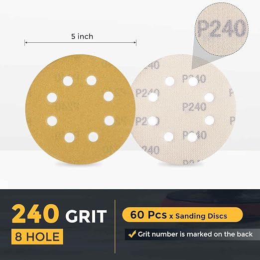 HARFINGTON 60Pcs 5Inch Sanding Discs 240Grit Yellow Aluminum Oxide 8 Hole | - Image 2