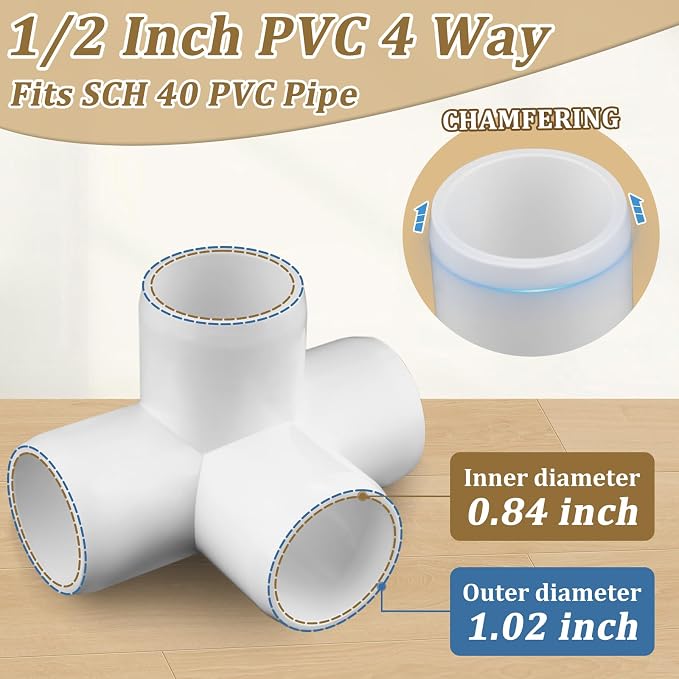 20-Pack 1/2" 4 Way PVC Fittings, Furniture Grade Pipe Fittings 4 Way - Image 2