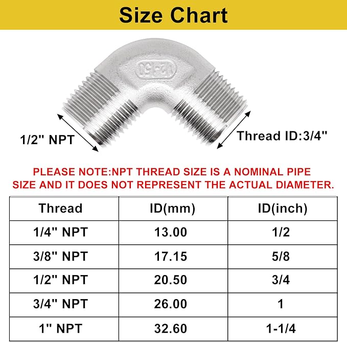 1" x 1" NPT 90 Degree Elbow 304 Stainless Steel Pipe Fittings Male Threaded - Image 2