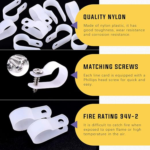 Swpeet 60 Pack White 5/8 Inch Nylon Plastic R-Type Cable Clips Clamp Kit - Image 3