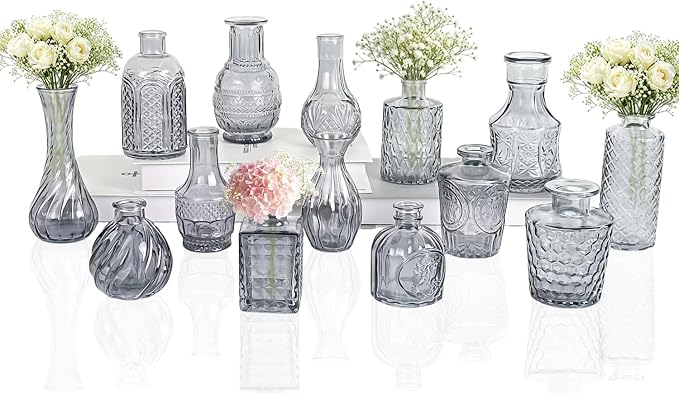 Clear Glass Bud Vase Set of 14 Pcs, Small Bud Vases in Bulk, Glass Crystal by JXINDUJU