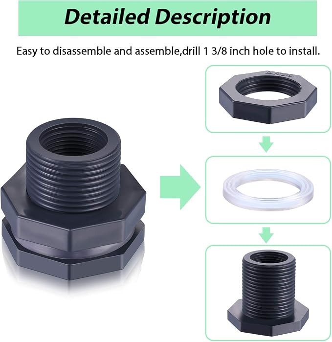 Outus 2 Pieces 3/4 Inch PVC Bulkhead Fitting, Rain Barrel Tank Adapter | - Image 3