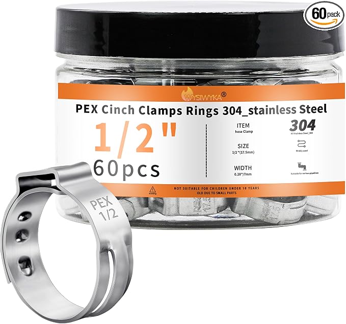 60pcs 1/2 inch PEX Cinch Clamps Rings, 304 Stainless Steel Pex Crimp Rings by WYSIYWYKA