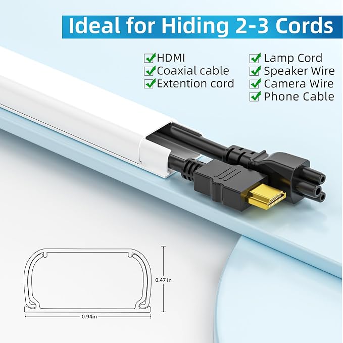 Yecaye 142in Wall Cord Hider for 2-3 Cords, W0.94in H0.47in, On-Wall Cord Cover - Image 2