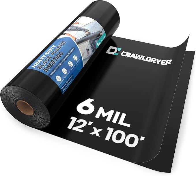 Black Plastic Sheeting, 6 Mil 12' x 100', Crawl Space Vapor Barrier, Vapor by CrawlSpaceEncapsulation