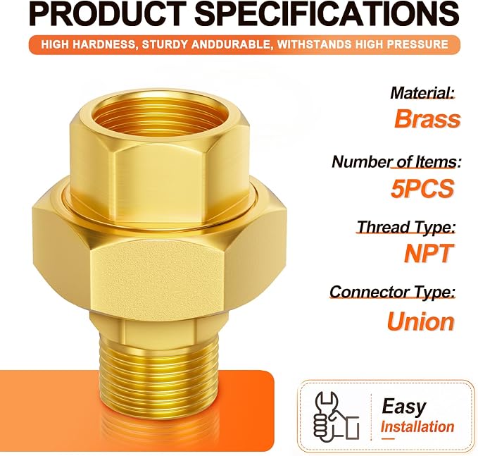 GASHER 5PCS 1/4" NPT Brass Union Pipe Fitting | 1/4 Inch Female x 1/4 Inch Male - Image 2